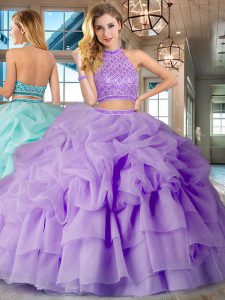 New Style Lavender Halter Top Neckline Beading and Ruffled Layers and Pick Ups 15 Quinceanera Dress Sleeveless Backless