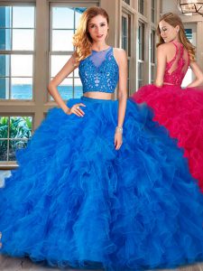 Scoop Floor Length Blue 15 Quinceanera Dress Tulle Sleeveless Beading and Ruffles