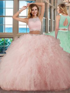 Delicate Scoop Pink Tulle Backless 15 Quinceanera Dress Sleeveless Floor Length Beading and Ruffles