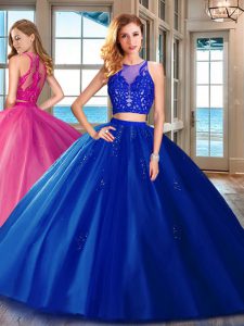 New Style Scoop Royal Blue Sleeveless Floor Length Appliques Zipper Quinceanera Gowns