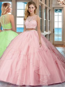 New Style Tulle Scoop Sleeveless Zipper Beading and Ruffles Sweet 16 Quinceanera Dress in Baby Pink