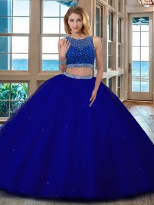 Scoop Royal Blue Two Pieces Beading Vestidos de Quinceanera Backless Tulle Sleeveless Floor Length