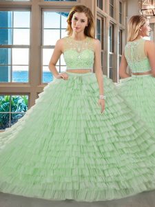 Colorful Apple Green Two Pieces Tulle Scoop Sleeveless Beading and Ruffled Layers Floor Length Zipper Quinceanera Gowns