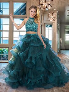 Teal Tulle Backless Halter Top Sleeveless Quinceanera Gowns Brush Train Beading and Ruffles