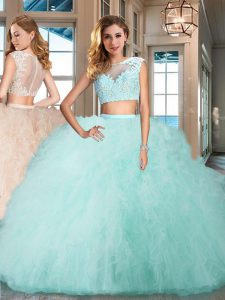 Aqua Blue Cap Sleeves Tulle Zipper Quinceanera Gown for Military Ball and Sweet 16 and Quinceanera
