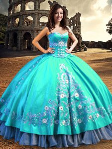 Designer Aqua Blue Lace Up Sweetheart Embroidery Sweet 16 Dress Taffeta Sleeveless