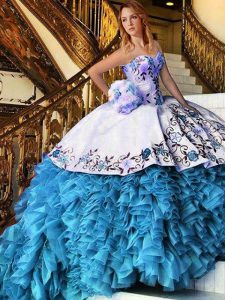 High Quality Floor Length Lace Up Quinceanera Gowns Baby Blue for Military Ball and Sweet 16 and Quinceanera with Appliques and Embroidery and Ruffles