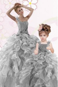 Glamorous One Shoulder Grey Sleeveless Organza Lace Up Quinceanera Dress for Military Ball and Sweet 16 and Quinceanera