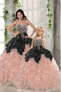 Peach Organza Lace Up Quince Ball Gowns Sleeveless Floor Length Beading and Ruffles