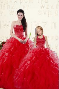 Trendy Sweetheart Sleeveless Sweet 16 Quinceanera Dress Floor Length Beading and Ruffles Coral Red Organza