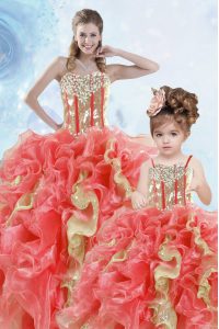 Multi-color Sleeveless Floor Length Beading and Ruffles and Sequins Lace Up Ball Gown Prom Dress