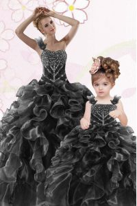 Best Selling Black One Shoulder Neckline Beading and Ruffles Ball Gown Prom Dress Sleeveless Lace Up