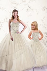 Sexy Ball Gowns Sweet 16 Dress Champagne Sweetheart Tulle Sleeveless Floor Length Lace Up