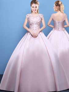 Affordable Pink Ball Gowns Satin Scoop Cap Sleeves Appliques Floor Length Lace Up Sweet 16 Dresses