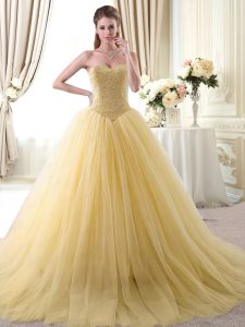 Wonderful Ball Gowns Quinceanera Gown Gold Sweetheart Tulle Sleeveless Floor Length Lace Up