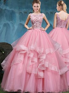 Scoop Baby Pink Ball Gowns Lace and Appliques and Ruffles Vestidos de Quinceanera Lace Up Tulle Sleeveless Floor Length