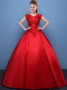 Scoop Red Lace Up Sweet 16 Quinceanera Dress Appliques Cap Sleeves Floor Length
