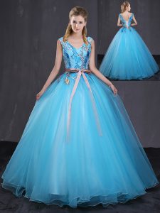 Gorgeous Blue Ball Gowns Tulle V-neck Sleeveless Appliques and Belt Floor Length Lace Up Sweet 16 Dress