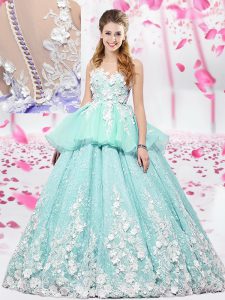 Scoop Apple Green Sleeveless Lace and Appliques Floor Length Ball Gown Prom Dress