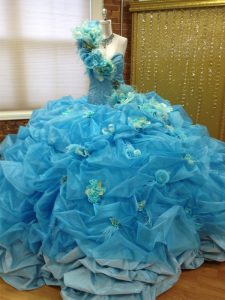 Blue Quinceanera Dress Military Ball and Sweet 16 and Quinceanera and For with Pick Ups and Hand Made Flower One Shoulder Sleeveless Lace Up