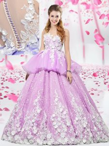 Flirting Scoop Floor Length Lace Up Sweet 16 Quinceanera Dress Lilac for Military Ball and Sweet 16 and Quinceanera with Lace and Appliques