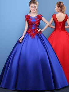 Low Price Scoop Cap Sleeves Floor Length Lace Up 15 Quinceanera Dress Royal Blue for Military Ball and Sweet 16 and Quinceanera with Appliques
