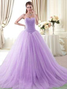 Sweet Lavender Tulle Lace Up Quinceanera Gown Sleeveless Floor Length Beading
