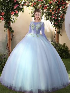 Ideal Big Puffy Scoop Long Sleeves Lace Up 15th Birthday Dress Light Blue Tulle