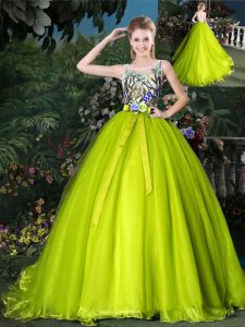 Chic Scoop Yellow Green Sleeveless Court Train Beading and Appliques and Belt Sweet 16 Dress