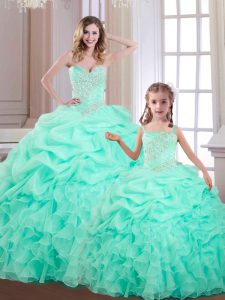 Apple Green Organza Lace Up Sweetheart Sleeveless Floor Length Sweet 16 Dress Beading and Ruffles and Pick Ups