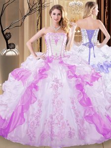 Nice Organza Strapless Sleeveless Lace Up Embroidery and Ruffled Layers Quinceanera Dresses in Multi-color