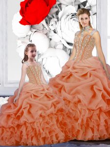 Noble Straps Orange Lace Up Quinceanera Dress Beading and Ruffles and Pick Ups Sleeveless Floor Length