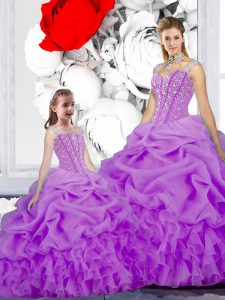 Straps Sleeveless Floor Length Beading and Ruffles and Pick Ups Lace Up Vestidos de Quinceanera with Purple