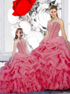 Fashion Rose Pink Quinceanera Dresses Military Ball and Sweet 16 and Quinceanera and For with Beading and Ruffles and Pick Ups Straps Sleeveless Lace Up
