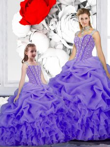 Adorable Lavender Ball Gowns Organza Straps Sleeveless Beading and Ruffles and Pick Ups Floor Length Lace Up Sweet 16 Dress