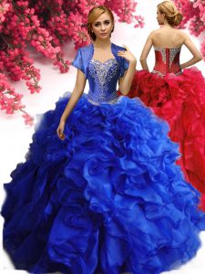 Floor Length Lace Up 15 Quinceanera Dress Royal Blue for Military Ball and Sweet 16 and Quinceanera with Beading and Ruffles