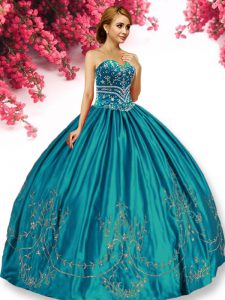 Wonderful Turquoise Taffeta Lace Up 15 Quinceanera Dress Sleeveless Floor Length Embroidery