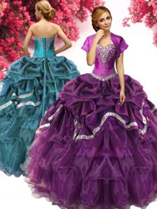 Dark Purple Sleeveless Floor Length Beading and Ruffles and Pick Ups Lace Up Quinceanera Dresses