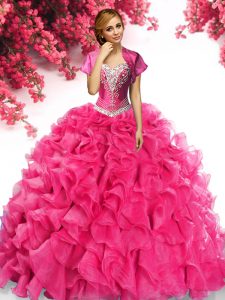 Classical Sleeveless Sweep Train Beading and Ruffles Lace Up Party Dress for Girls