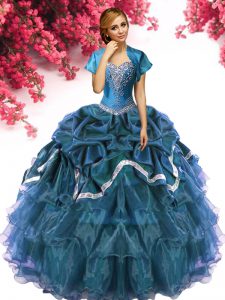 Superior Teal Ball Gowns Organza and Taffeta Sweetheart Sleeveless Beading and Ruffles and Pick Ups Floor Length Lace Up Vestidos de Quinceanera
