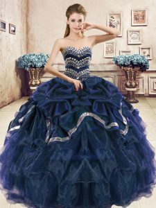 Navy Blue and Purple Ball Gowns Sweetheart Sleeveless Organza Floor Length Lace Up Beading and Ruffled Layers and Pick Ups 15th Birthday Dress