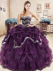 Latest Pick Ups Ruffled Purple Sleeveless Organza Lace Up Quinceanera Dresses for Military Ball and Sweet 16 and Quinceanera