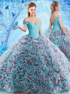 Multi-color Ball Gowns Fabric With Rolling Flowers Off The Shoulder Sleeveless Beading and Appliques and Ruffles Backless Sweet 16 Dress Court Train