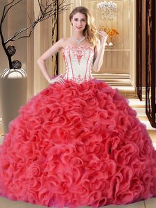 Hot Selling Strapless Sleeveless Quince Ball Gowns Floor Length Embroidery and Ruffles Coral Red Fabric With Rolling Flowers