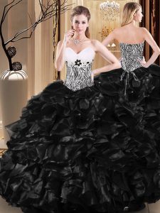 Black Ball Gowns Ruffles and Pattern Ball Gown Prom Dress Lace Up Tulle Sleeveless Floor Length