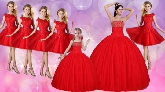 Strapless Sleeveless Lace Up 15 Quinceanera Dress Red Tulle